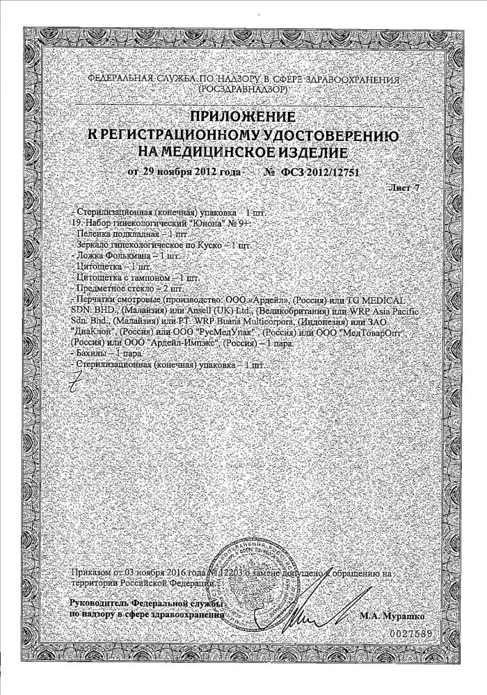Набор гинекологический Юнона №5: сертификат