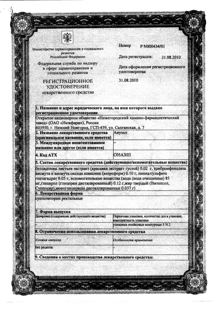 Анузол Нижфарм суппозитории ректальные 10шт: сертификат