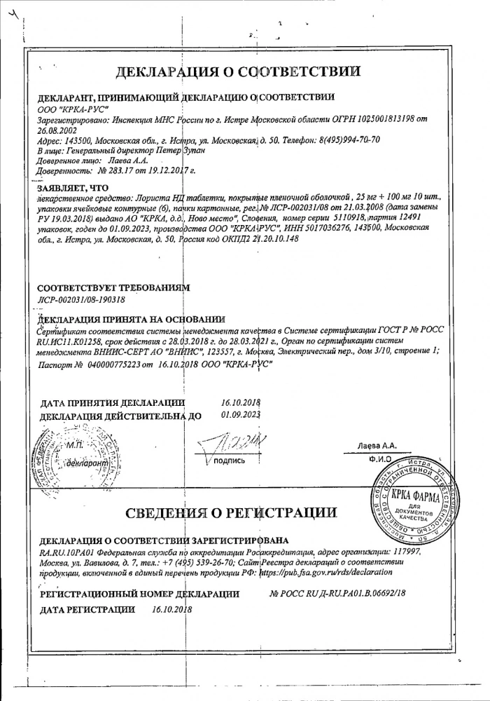 Лориста НД таблетки п.п.о. 100мг+25мг 60 шт.: сертификат