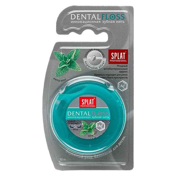 Нить Splat (Сплат) зубная ультратонкая Professional DentalFloss с волокнами серебра и мятой 30 м.