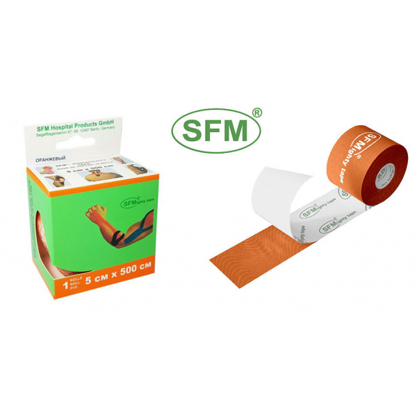 Лента (тейп) кинезиологическая SFM-Plaster на хлопковой основе в рулоне 5х500см цвет оранжевый