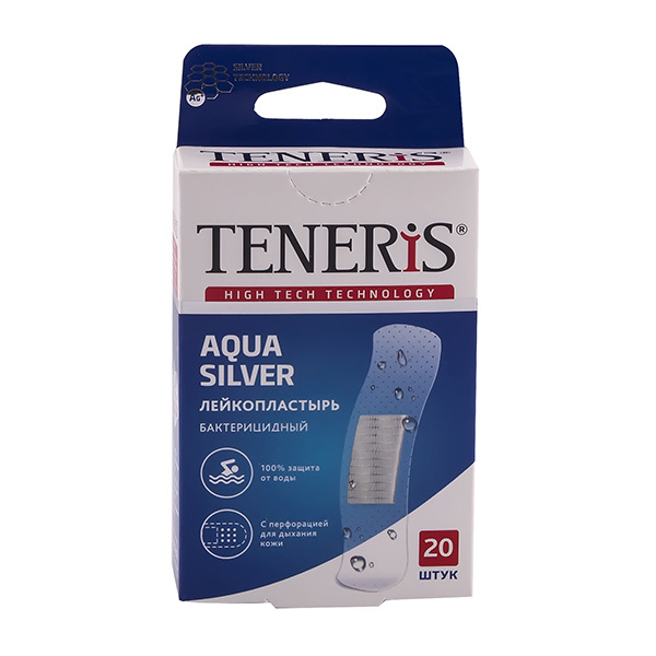 Пластырь бактерицидный прозрачный полимерный Aqua Silver Teneris/Тенерис 7,6см х 1,9см 20 шт.